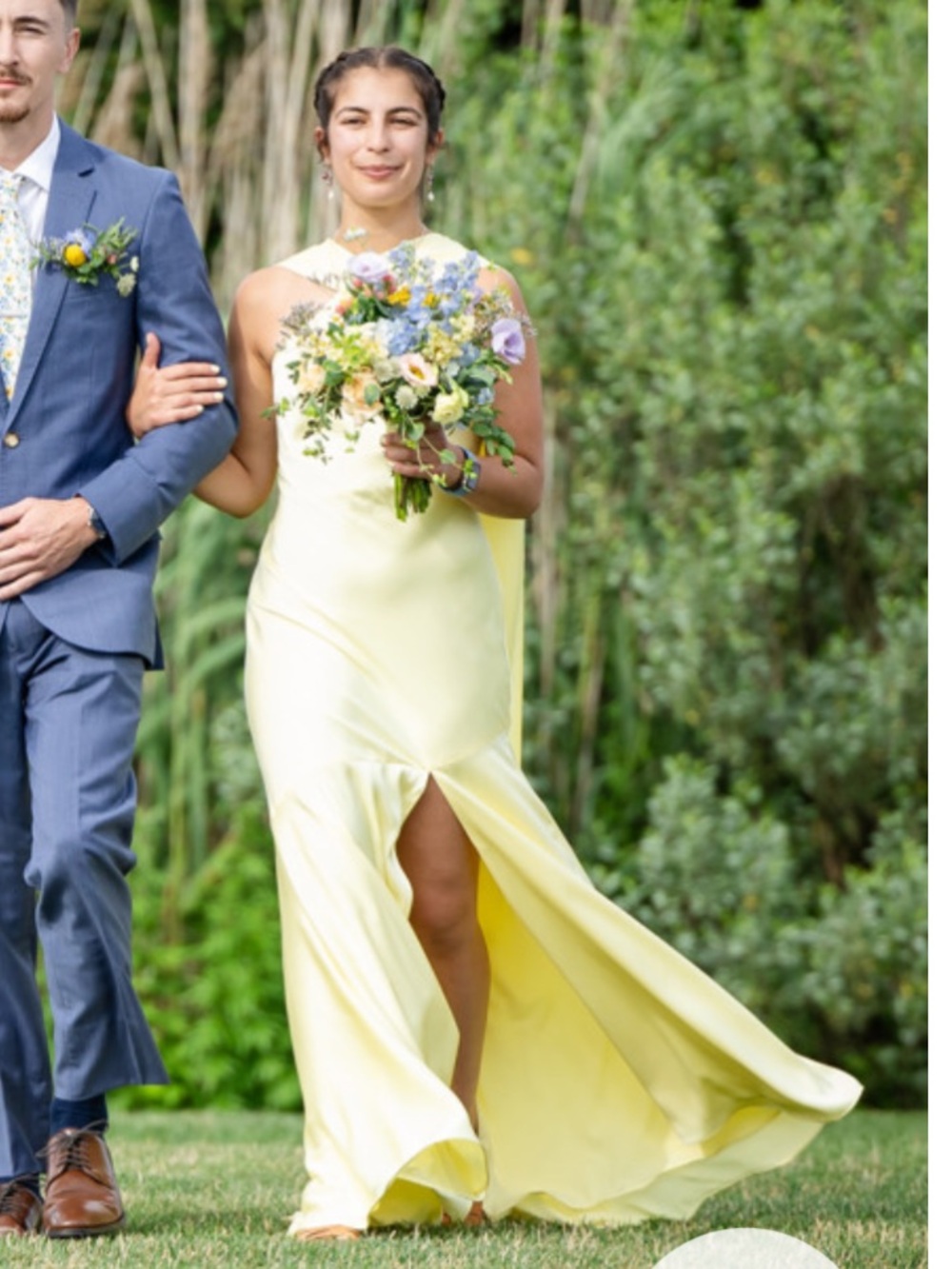 Lemon Sorbet Satin Cape Halter Eileen Matte Slit Dress - Picture 4 of 11